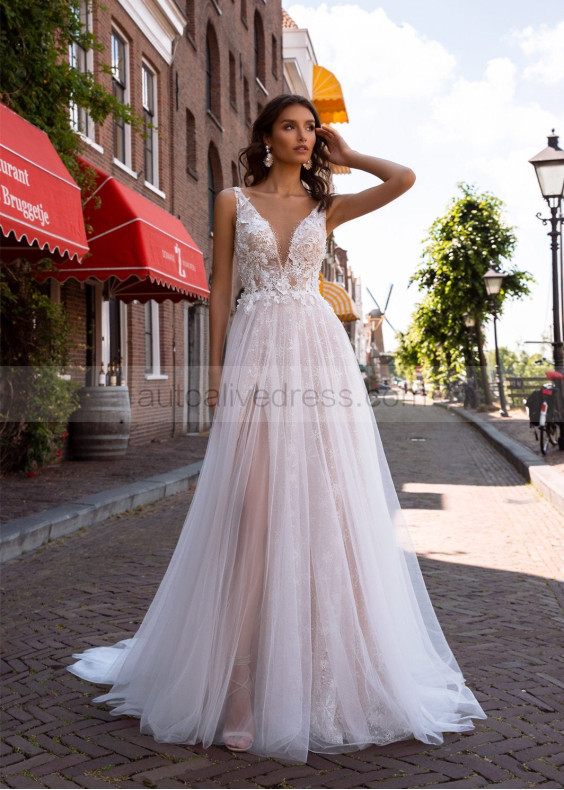 V Neck Beaded Ivory Lace Tulle Slit Wedding Dress